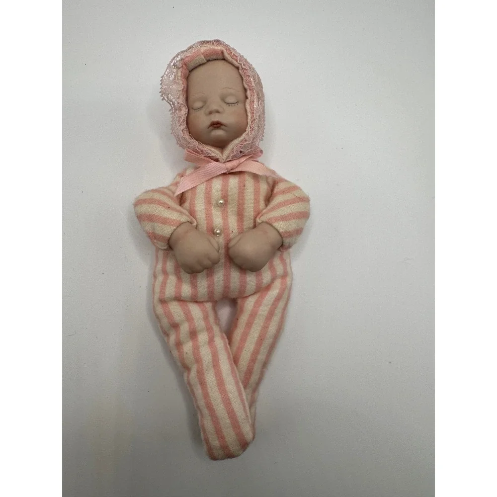 Vintage Miniature Sleeping Baby Doll Porcelain Head Hands Pink Striped Pajamas
